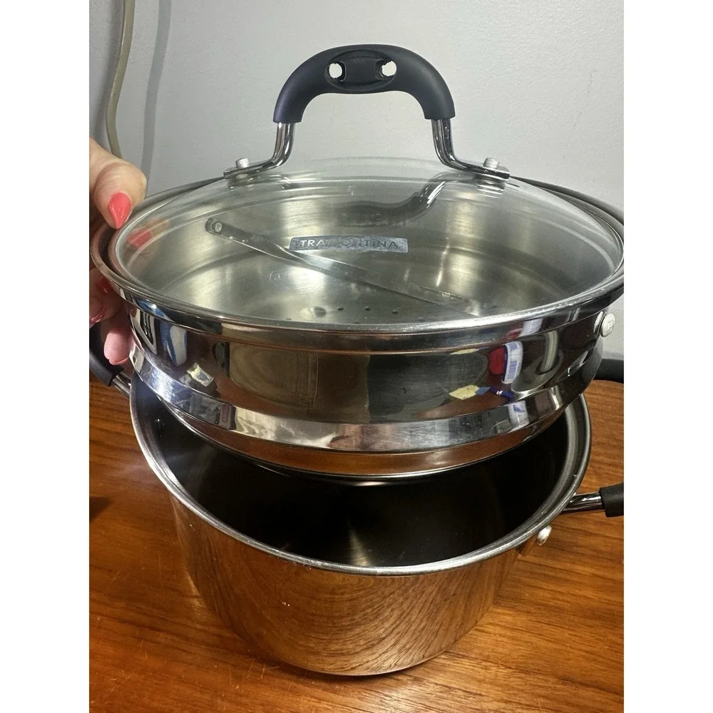 4 Pc TRAMONTINA Tri-Ply Base 3 Quart Stainless Double Boiler / Steamer w/Lid